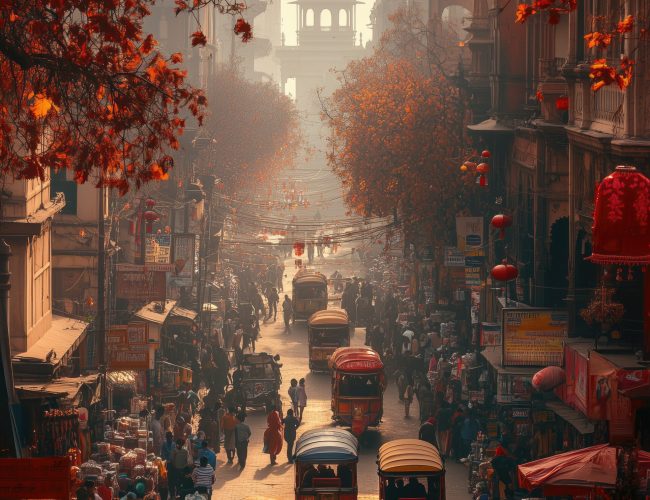 A bustling street in Delhi, India, captured from ground level, showing a mix of rickshaws, pedestrians, and vibrant markets. Partially obscured by the haze and the flurry of daily activity. Created Using: street photography, high contrast, vibrant colors, dynamic composition, cultural richness, textural detail, historical landmarks, busy foreground --ar 3:4 --stylize 750 --v 6.1 Job ID: 26c7f063-9b5c-4945-a1d7-7f51f2c9ae19